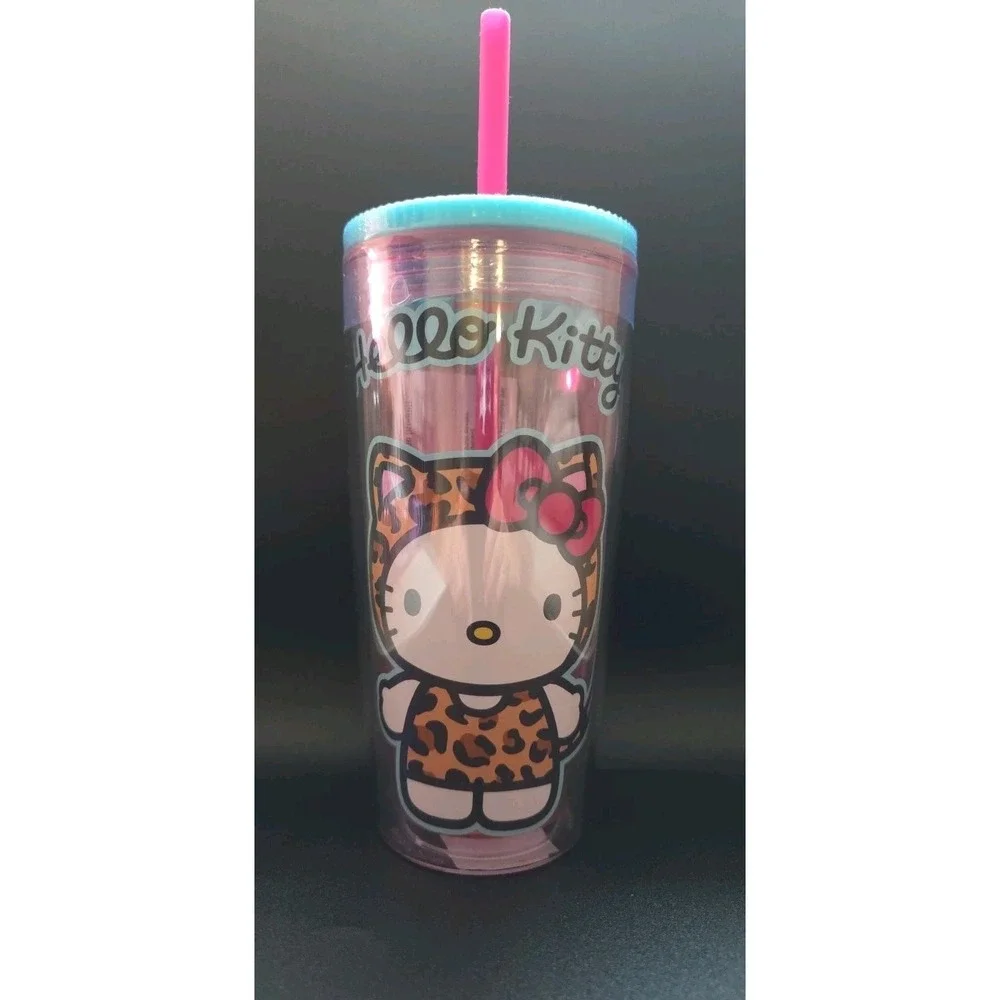 Hello Kitty Leopard Outfit Plastic Tumbler Cup Lid‎ Straw Sanrio Pink